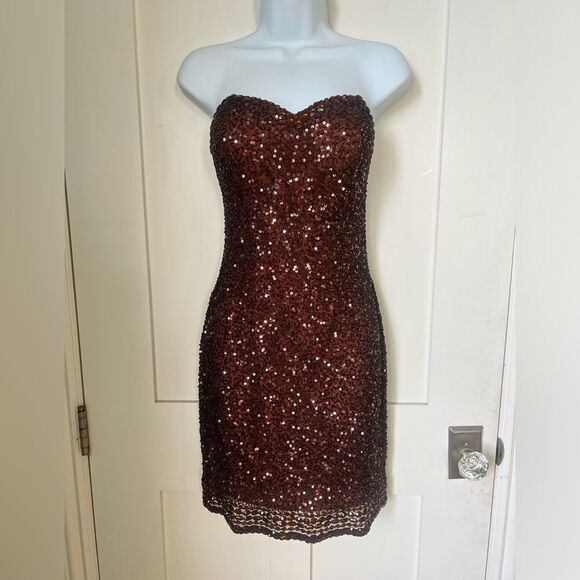 Scala Sequin Silk Strapless Bodycon Copper Brown Mini Sparkly Glam Mini Dress  6 - Picture 5 of 13